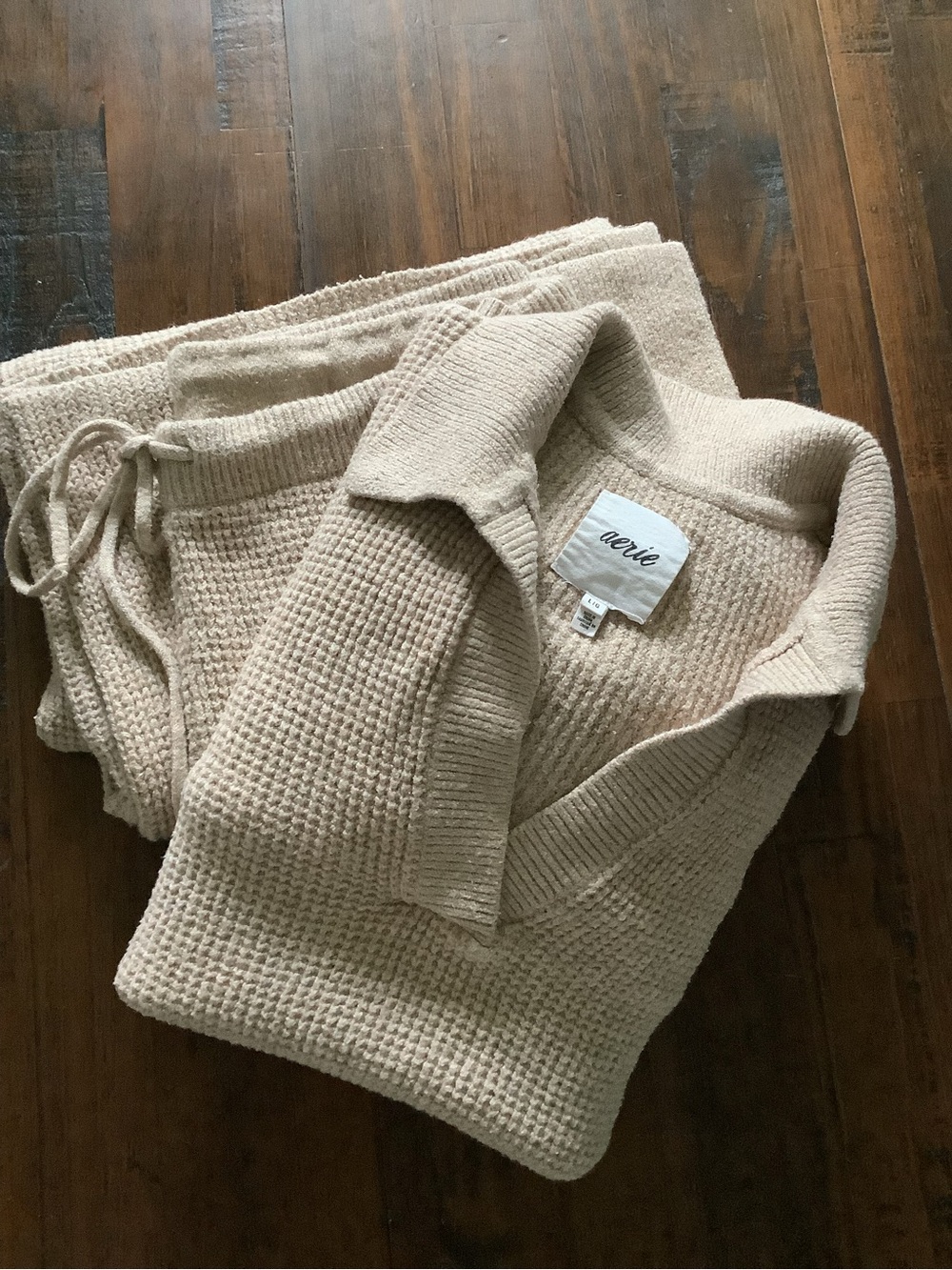 Aerie Waffle Knit Collared Sweater & Wide Leg Pants Set Beige Large